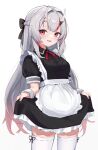  1girl :d absurdres alternate_costume apron blush braid breasts commentary_request cowboy_shot enmaided fang french_braid grey_hair highres hitachi_sou hololive horns long_hair looking_at_viewer maid multicolored_hair nakiri_ayame red_eyes redhead simple_background skin_fang skirt_hold small_breasts smile solo standing streaked_hair thigh-highs virtual_youtuber waist_apron white_background white_legwear wrist_cuffs zettai_ryouiki 