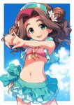  1girl :d asada_hachi banned_artist baseball_cap bikini bikini_skirt blue_sky blush border bow bowtie brown_hair clouds commentary day flat_chest flower frilled_bikini frills front-tie_bikini front-tie_top green_eyes green_headwear hair_flower hair_ornament happy hat highres idolmaster idolmaster_cinderella_girls interlocked_fingers kusakabe_wakaba long_hair looking_at_viewer mismatched_bikini navel open_mouth outdoors outside_border own_hands_clasped own_hands_together pink_bikini sky smile solo standing stomach stretch swimsuit twitter_username watermark white_border yellow_bow yellow_bowtie 