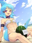  +_+ 1girl :d abs armlet bandeau beach bikini blue_hair blue_sky blush bracelet breasts collar day fish_tail highres jewelry looking_at_viewer medium_hair muscular muscular_female navel ocean open_mouth original outdoors piercing pink_eyes shark_fin shark_tail sharp_teeth sitting sky small_breasts smile solo spiked_armlet strapless strapless_bikini suweeka sweat swimsuit tail tail_ornament tail_piercing tail_ring teeth tube_top upper_teeth white_bikini 