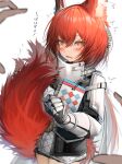 1girl absurdres arknights armor commentary_request eyebrows_visible_through_hair flametail_(arknights) gauntlets hair_between_eyes highres long_hair looking_at_viewer open_mouth redhead simple_background solo_focus tab_head tail tears wavy_mouth white_background 