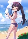  1girl :d absurdres ass back ball bangs beach beachball bikini black_hair blue_sky blush body_blush bow breasts clouds commentary_request cookie_(touhou) day earrings eyebrows_visible_through_hair fairy_wings feet_out_of_frame hair_bow highres hime_cut holding holding_ball holding_beachball horizon jewelry long_hair looking_at_viewer o-ring o-ring_bottom ocean open_mouth outdoors plant ponytail purple_bikini purple_bow shunga_youkyu sidelocks sky small_breasts smile solo sparkle star_(symbol) star_earrings star_sapphire swimsuit the_chicken_that_appears_in_the_middle_of_cookie thighs touhou tsugumi_amon violet_eyes water wings 