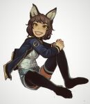  1girl animal_ears black_legwear blue_jacket blue_shorts borrowed_character brown_hair fangs fingernails fox_ears from_side grey_nails grin highres interlocked_fingers jacket looking_at_viewer medium_hair mossacannibalis open_clothes open_jacket original own_hands_together shirt short_shorts shorts simple_background sitting smile solo thigh-highs white_background white_shirt yellow_eyes 