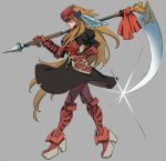  1girl armor armored_dress brown_hair closed_mouth dress feathers full_body gloves hanakuso helmet holding holding_scythe lady_harken long_hair looking_at_viewer pantyhose red_armor scythe simple_background skirt solo wild_arms wild_arms_1 