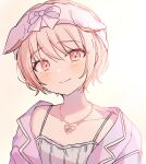  1other absurdres akiyama_mizuki blush closed_mouth commentary_request dot_nose headband highres jewelry lapels looking_at_viewer necklace notched_lapels pink_eyes pink_hair pjmiyo project_sekai short_hair smile solo spaghetti_strap upper_body 