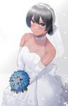  1girl bangs bare_shoulders black_hair blue_eyes blush bouquet breasts closed_mouth collarbone commentary dark-skinned_female dark_skin dress elbow_gloves english_commentary gloves gradient gradient_background hair_between_eyes highres holding holding_bouquet looking_at_viewer medium_hair okpriko original see-through simple_background small_breasts smile solo veil wedding_dress white_dress white_gloves 