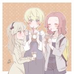  3girls artist_name backpack bag black_ribbon blonde_hair blue_dress blue_eyes blue_overalls border brown_eyes bubble_tea casual closed_eyes closed_mouth commentary cup disposable_cup dress drinking_straw eyebrows_visible_through_hair girls_und_panzer grey_dress grey_hoodie hair_ribbon holding holding_cup hood hood_down hoodie itsumip light_brown_hair long_sleeves looking_at_another multiple_girls open_clothes open_hoodie open_mouth orange_background outline outside_border overall_shorts overalls parted_lips polka_dot polka_dot_background redhead ribbon rosehip_(girls_und_panzer) shimada_arisu shirt signature smile standing sweater sweater_dress turtleneck_dress white_border white_outline white_shirt youko_(girls_und_panzer) 