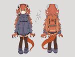  1girl animal_hands backpack bag brown_legwear closed_mouth extra_eyes grey_footwear grey_jacket jacket looking_at_viewer medium_hair monster_girl multiple_views okbnkn orange_hair original pigeon-toed shoes simple_background smile tail thigh-highs white_background yamamo-chan_(okbnkn) 