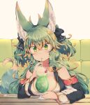  1girl animal_ear_fluff animal_ears bangs bare_shoulders black_ribbon blonde_hair breasts drinking green_eyes green_hair hair_ribbon kuromiya kuromiya_raika large_breasts long_hair multicolored_hair original ribbon solo tail 