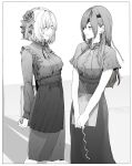  2girls bangs blush breasts closed_mouth dress eyebrows_behind_hair eyebrows_visible_through_hair eyepatch fate/grand_order fate_(series) greyscale hair_ornament highres long_hair looking_at_viewer mash_kyrielight monochrome multiple_girls open_mouth ophelia_phamrsolone short_hair skirt smile syatey 