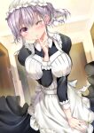  1girl absurdres apron bangs blush braid breasts finger_to_mouth frilled_apron frilled_hat frills hat highres indoors large_breasts light_purple_hair long_sleeves maid maid_apron ogata_tei one_eye_closed original solo violet_eyes 