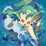  :3 :d absurdres animal_focus blue_eyes bright_pupils brown_eyes claws closed_mouth commentary_request fangs full_body glaceon grass highres ktyon3 leafeon looking_at_viewer lying night no_humans on_back on_grass open_mouth outdoors pokemon pokemon_(creature) smile white_pupils 