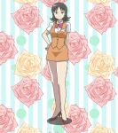  1girl absurdres agent_aika aika_(series) bangs black_eyes black_hair blue_delmo blush breast_pocket breasts brown_footwear buttons closed_mouth commentary_request floral_background flower full_body hand_on_hip high_heels highres kuroyoshi light_blush looking_at_viewer medium_breasts neck_ribbon orange_skirt orange_vest pencil_skirt pocket red_ribbon ribbon rose shirt short_hair short_sleeves skirt smile solo standing uniform vest waitress waitress_delmo white_shirt 