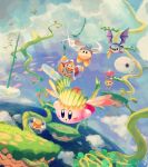  absurdres bandana bat_wings character_request clouds cloudy_sky coat copy_ability creature day facepaint feathers floating floating_island flower flying grass highres king_dedede kirby kirby_(series) leaf looking_to_the_side mask meta_knight open_mouth plant polearm shoulder_pads sky spear suyasuyabi sword vines waddle_dee weapon wings 