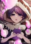  1girl bangs blob blurry blurry_foreground book breasts chestnut_mouth depth_of_field doremy_sweet dream_soul dress eyebrows_visible_through_hair half-closed_eyes highres holding holding_book hood ishikawa_sparerib looking_at_viewer open_book open_mouth purple_hair short_hair solo sparkle sparkle_background swept_bangs touhou upper_body violet_eyes 