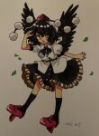  1girl :o arm_up bangs bird_wings black_hair black_legwear black_skirt black_wings bright_pupils dated frilled_skirt frills full_body furiba_794 geta hand_up hat highres kneehighs leaf looking_at_viewer open_mouth pom_pom_(clothes) puffy_short_sleeves puffy_sleeves red_eyes red_footwear red_headwear shameimaru_aya shiny shiny_hair shirt short_hair short_sleeves simple_background skirt solo tokin_hat touhou traditional_media white_background white_shirt wings 