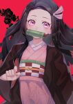  1girl bit_gag black_hair checkered_clothes checkered_obi fingernails forehead gag haori highres japanese_clothes kamado_nezuko kimetsu_no_yaiba kimono long_hair looking_at_viewer obi otoma_safu pink_eyes pink_kimono pink_nails red_background sash sharp_fingernails solo thigh-highs upper_body 