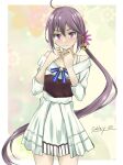  1girl akebono_(kancolle) bell commentary_request cowboy_shot dress flower gakky hair_bell hair_flower hair_ornament jingle_bell kantai_collection long_hair looking_at_viewer official_alternate_costume one-hour_drawing_challenge purple_hair side_ponytail solo twitter_username very_long_hair violet_eyes white_dress 