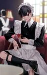  1boy a_mane_h apron black_dress black_footwear blurry blurry_background blurry_foreground cellphone chair dress earrings hair_ornament highres indoors jewelry kneehighs maid maid_apron male_focus original phone red_eyes short_hair sitting smartphone table window 