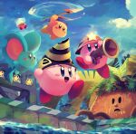  character_request closed_eyes clouds cloudy_sky copy_ability drill elfilin flying frown gun helmet highres kirby kirby_(series) kirby_and_the_forgotten_land looking_to_the_side no_humans open_mouth polearm sky spear star_(symbol) suyasuyabi tongue tornado waddle_dee walking water weapon 