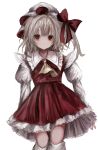  1girl absurdres artist_request ascot blonde_hair expressionless flandre_scarlet frills hat hat_ribbon highres long_sleeves looking_at_viewer mob_cap puffy_sleeves red_eyes red_skirt ribbon shirt skirt skirt_set solo thigh-highs touhou vest white_legwear wings 
