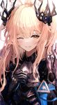  1girl ;) absurdres animal_ear_fluff animal_ears arknights armor ascot bangs blemishine_(arknights) blemishine_(moon_catastrborn)_(arknights) blush brown_eyes closed_mouth commentary_request eyebrows_visible_through_hair full_armor gauntlets grey_ascot hair_ornament highres horse_ears long_hair looking_at_viewer official_alternate_costume one_eye_closed sikinose_val simple_background smile solo upper_body very_long_hair white_background 
