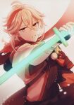  1boy annerica artist_name bandaged_hand bandages commentary genshin_impact holding holding_sword holding_weapon japanese_clothes kaedehara_kazuha male_focus multicolored_hair parted_lips red_eyes solo streaked_hair sword weapon white_hair 