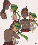  1boy 1girl blush closed_eyes collarbone dark-skinned_female dark-skinned_male dark_skin eye_contact green_eyes green_hair hair_ornament highres hug jewelry kiawe_(pokemon) looking_at_another mallow_(pokemon) masso_n multiple_views necklace open_mouth pokemon pokemon_(game) pokemon_sm pout signature sweat teeth topless_male twintails upper_body 