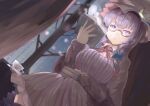  1girl bespectacled blue_bow book bow breasts commentary crescent dress dutch_angle from_below glasses hair_bow hat holding holding_book indoors long_hair long_sleeves looking_at_viewer mob_cap night patchouli_knowledge purple_hair ribbon sinzan solo striped touhou violet_eyes 