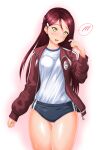 1girl buruma character_name check_commentary cocoa_(cocoa0191) commentary_request cowboy_shot gym_shirt gym_uniform hand_to_own_mouth hand_up head_tilt jacket long_hair looking_at_viewer love_live! love_live!_sunshine!! name_tag nervous open_clothes open_jacket red_background red_jacket redhead sakurauchi_riko shirt shirt_tucked_in single_bang solo spoken_blush sweatdrop thigh_gap thighs track_jacket white_shirt yellow_eyes 