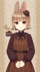  1girl animal_ears aona_(noraneko) bangs belt blunt_bangs brown_eyes cake chocolate_cake closed_mouth dress flipped_hair food frills hat high_collar long_sleeves looking_at_viewer mini_hat original own_hands_together personification pinafore_dress puffy_long_sleeves puffy_sleeves rabbit_ears short_hair sleeves_past_wrists smile solo striped striped_dress top_hat 