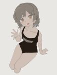  1girl :d bare_arms bare_legs black_swimsuit blush brown_eyes brown_hair cropped_legs hatoba_tsugu head_tilt highres invisible_chair legs_together looking_at_viewer medium_hair okbnkn one-piece_swimsuit open_mouth simple_background sitting smile solo swimsuit tsugu_(vtuber) waving white_background 