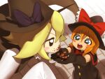 2girls bangs black_capelet black_eyes black_gloves black_vest blonde_hair blue_eyes blush blush_stickers bow bowtie bright_pupils buttons capelet checkerboard_cookie commentary cookie cookie_(touhou) cowboy_shot elbow_gloves eyebrows_visible_through_hair feeding food gloves hair_between_eyes hat hat_bow holding holding_food kirisame_marisa koiso_usu looking_at_another meguru_(cookie) multiple_girls open_mouth orange_hair purple_bow red_bow red_bowtie short_hair sleeves_past_fingers sleeves_past_wrists smile touhou vest white_pupils witch_hat yuuhi_(cookie) 