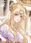  1girl bare_shoulders blonde_hair blurry blurry_background choker douluo_dalu dress feathers hair_ornament highres indoors long_hair looking_at_viewer qian_renxue_(douluo_dalu) qian_renxue_zhuye solo upper_body 