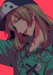  1boy asada_hachi bangs banned_artist baseball_cap blonde_hair buttons collarbone collared_shirt commentary cross eyebrows_visible_through_hair green_shirt hat head_tilt highres long_hair looking_at_viewer male_focus okinaga_zenya polka_dot polka_dot_shirt red_background rosary shirt simple_background solo sweet_pool tongue tongue_out twitter_username upper_body watermark yellow_eyes 