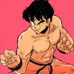  1boy abs bangs belt black_eyes black_hair blush clenched_teeth collarbone commentary dragon_ball dragon_ball_(classic) english_commentary fighting_stance half-closed_eye hands_up legs_apart light_blush male_focus muscular muscular_male nipples orange_pants pants pectorals pink_background short_hair simple_background sketch solo standing stellarspin teeth thick_eyebrows topless_male uneven_eyes v-shaped_eyebrows wristband yamcha 