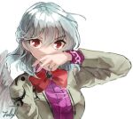  1girl bangs bow bowtie brooch commentary covered_mouth grey_hair grey_jacket hair_between_eyes jacket jewelry kishin_sagume looking_at_viewer medium_hair nanataru10 one-hour_drawing_challenge open_clothes open_jacket purple_shirt red_eyes shirt signature single_wing solo touhou upper_body white_background white_wings wings 