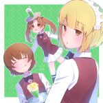  3girls :q artist_name balancing bangs bartender black_bow black_bowtie black_legwear blonde_hair blunt_bangs bob_cut bow bowtie brown_vest cherry_blossoms closed_mouth cosplay cutlass_(girls_und_panzer) cutlass_(girls_und_panzer)_(cosplay) dress_shirt eyebrows_visible_through_hair facing_viewer food freckles from_behind girls_und_panzer green_background handkerchief highres holding holding_tray ice_cream ice_cream_float itsumip kadotani_anzu leaning_forward leg_up long_hair long_sleeves looking_at_viewer looking_back looking_to_the_side maid_headdress miniskirt multiple_girls ooarai_naval_school_uniform open_mouth outline parted_lips pleated_skirt polka_dot polka_dot_background school_uniform shirt shoes short_hair signature single_horizontal_stripe skirt smile socks standing standing_on_one_leg tongue tongue_out tray tsuchiya_(girls_und_panzer) twintails vest white_footwear white_outline white_shirt white_skirt wing_collar 