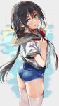  1girl absurdres ass bangs black_hair black_sailor_collar blue_swimsuit blush commentary_request eyebrows_visible_through_hair from_side green_eyes highres japanese_flag_print long_hair looking_at_viewer looking_to_the_side low_ponytail michairu neckerchief no_pants one-piece_swimsuit open_mouth paid_reward_available red_neckerchief sailor_collar school_swimsuit school_uniform serafuku shirt short_sleeves solo standing swimsuit swimsuit_under_clothes thigh-highs tougou_mimori very_long_hair white_legwear white_shirt yuuki_yuuna_wa_yuusha_de_aru yuusha_de_aru 