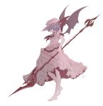  1girl absurdres barefoot bat_wings dress from_side full_body hamriku hat hat_ribbon highres looking_down mob_cap polearm profile red_eyes remilia_scarlet ribbon short_hair short_sleeves simple_background solo spear spear_the_gungnir touhou weapon white_background wings 