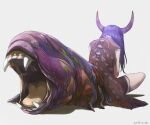  1girl dated from_behind horns long_hair monster_girl okbnkn original purple_hair simple_background sitting solo spikes tail tail_mouth white_background 