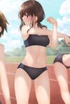  3girls ass_visible_through_thighs bent_over black_buruma black_sports_bra breasts brown_eyes brown_hair buruma clouds expressionless highres looking_away looking_to_the_side midriff minato_ojitan multiple_girls navel original outdoors outstretched_arm running_track short_hair sky small_breasts sports_bikini sports_bra stretch thighs track_and_field 