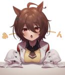  1girl agnes_tachyon_(umamusume) ahoge animal_ears bangs black_necktie black_shirt breast_rest breasts brown_hair coat collared_shirt earrings hair_between_eyes highres horse_ears jewelry labcoat looking_at_viewer medium_breasts medium_hair necktie nu_tarou_(tr84635391) open_mouth pen red_eyes shirt short_necktie single_earring sleeves_past_fingers sleeves_past_wrists solo sweater table umamusume upper_body white_coat yellow_sweater 