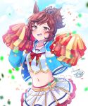  1girl :d animal_ears black_hair blue_jacket blue_sky blush bow breasts brown_eyes brown_hair clouds cloudy_sky collarbone commentary_request confetti crop_top day hands_up highres horse_ears ittokyu jacket looking_at_viewer midriff multicolored_hair navel nice_nature_(run&amp;win)_(umamusume) nice_nature_(umamusume) open_clothes open_jacket outdoors pleated_skirt pom_pom_(cheerleading) ponytail red_bow roar_yell!_tracen_academy_cheerleading_squad_(umamusume) sailor_collar shirt signature skirt sky small_breasts smile solo streaked_hair umamusume white_sailor_collar white_shirt white_skirt 