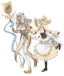  2girls absurdres ash_(fire_emblem) boots breasts brown_eyes closed_mouth dress fire_emblem fire_emblem_heroes full_body highres holding holding_staff horns lissa_(fire_emblem) medium_breasts multiple_girls open_mouth poking simple_background smile staff surprised white_background yuda_nf 