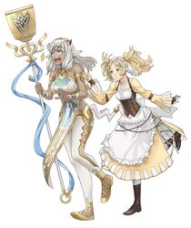  2girls absurdres ash_(fire_emblem) boots breasts brown_eyes closed_mouth dress fire_emblem fire_emblem_heroes full_body highres holding holding_staff horns lissa_(fire_emblem) medium_breasts multiple_girls open_mouth poking simple_background smile staff surprised white_background yuda_nf 
