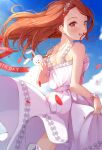  1girl :d bare_arms bare_shoulders blue_sky blush clouds day dress floating_hair flower_bracelet from_behind happy_birthday highres idolmaster long_hair looking_at_viewer looking_back minase_iori nira_(vira) orange_eyes orange_hair red_ribbon ribbon skirt_hold sky sleeveless sleeveless_dress smile solo stuffed_animal stuffed_bunny stuffed_toy teeth upper_teeth v white_dress 