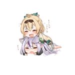  2girls animal_ears barefoot blonde_hair cat_ears cat_girl cat_tail chibi drooling heart highres hololive kazama_iroha kemonomimi_mode la+_darknesss light_purple_hair long_hair long_sleeves lying multiple_girls on_person on_stomach pointy_ears tail translation_request virtual_youtuber white_background wide_sleeves yoshioka_(today_is_kyou) 