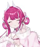  1girl bangs chinese_clothes cleavage_cutout closed_eyes clothing_cutout dragon_girl dragon_horns fur_trim highres horns indie_virtual_youtuber jacket long_hair low_twintails natsuiro_xx pink_jacket pinky_(vtuber) sleeves_past_wrists thick_eyebrows twintails virtual_youtuber white_background 