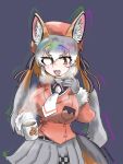  1girl absurdres animal_costume animal_ears coyopotato fox_ears fox_girl fox_tail gloves hat highres island_fox_(kemono_friends) jacket jonstrange0613 kemono_friends kemono_friends_v_project long_hair looking_at_viewer multicolored_hair necktie open_mouth ribbon shirt simple_background skirt smile solo tail twintails virtual_youtuber 