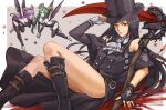 1other 2girls androgynous ascot asymmetrical_sleeves black_hair boots buttons demon_girl fingerless_gloves gloves guilty_gear hat highres horns long_hair looking_at_viewer mitsumachi_senji multiple_girls red_eyes scythe succubus_familiar testament_(guilty_gear) top_hat 